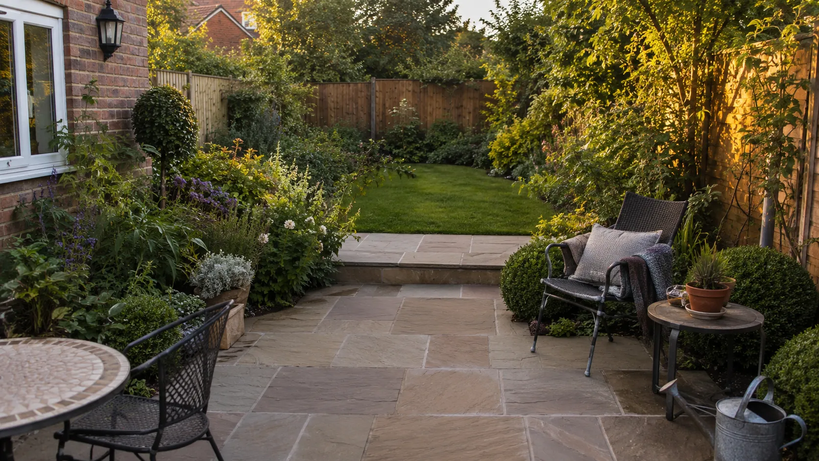 A finished Greenford garden at golden hour — natural stone patio and soft informal planting.