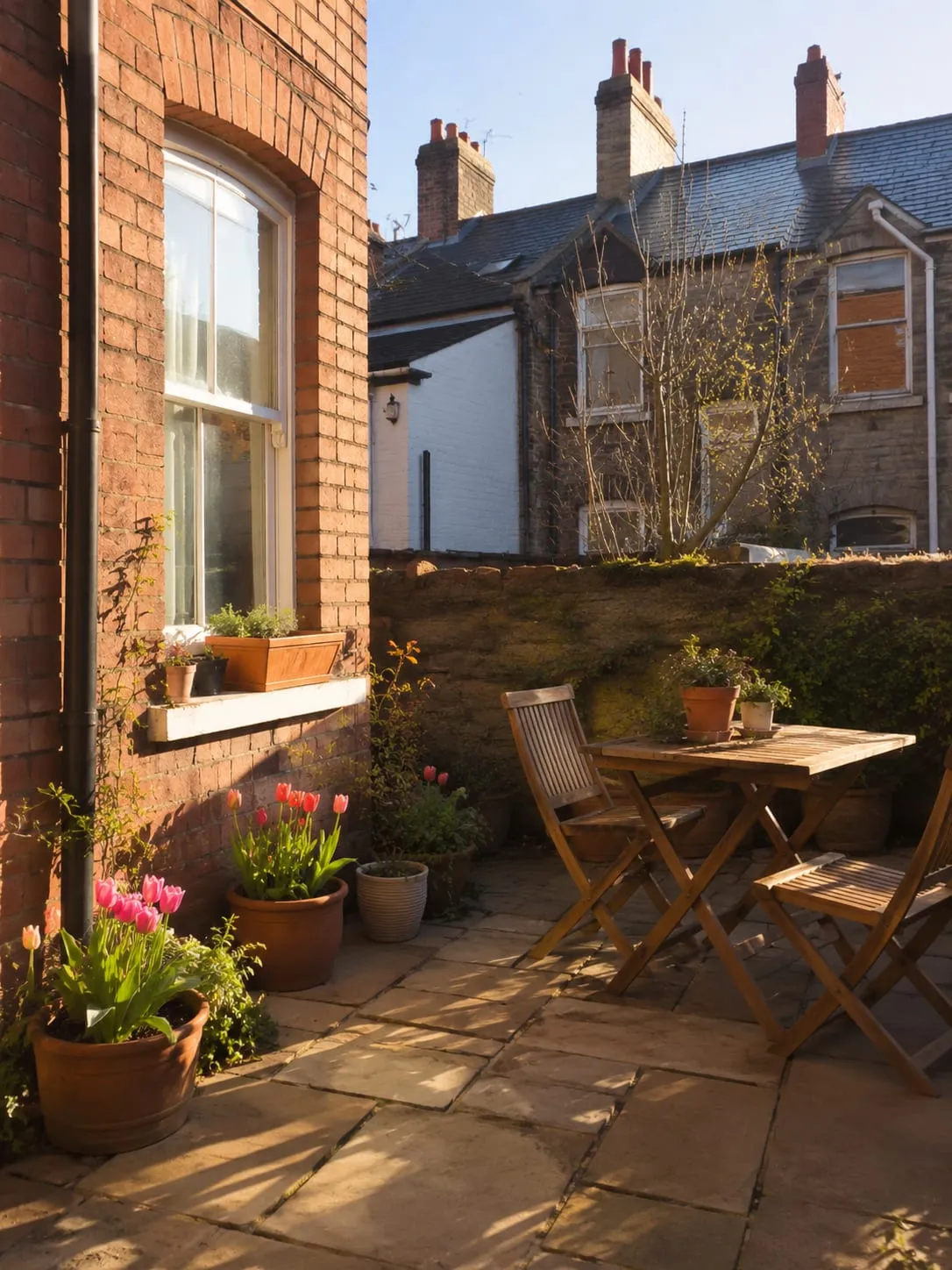 A small riven sandstone terrace behind a Victorian terraced house in early morning sun, with a timber bistro table and pots of tulips.